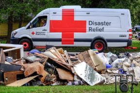 September 8, 2017. Wharton, Texas. A scene from Wharton, Texas, showing the extent of damage caused by Hurricane Harvey to a neighborhood. This photo also shows the new generation Emergency Response Vehicle. Photo by Chuck Haupt for the American Red Cross